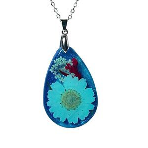 Pressed Daisy Blue Pendant Necklace  20" Chain 2" Teardrop Handmade